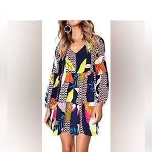 Printed Long Sleeve Tunic mini Dress Loose Navy multi color XLarge